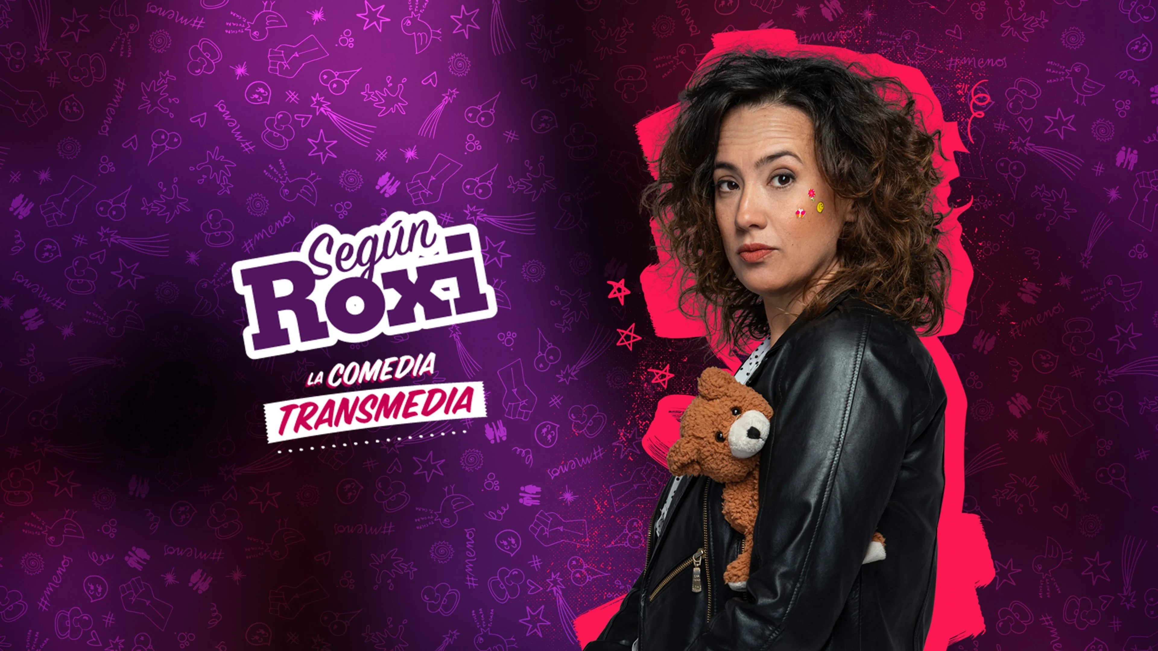 Según Roxi — Roxi con su osito sobre un fondo de garabatos